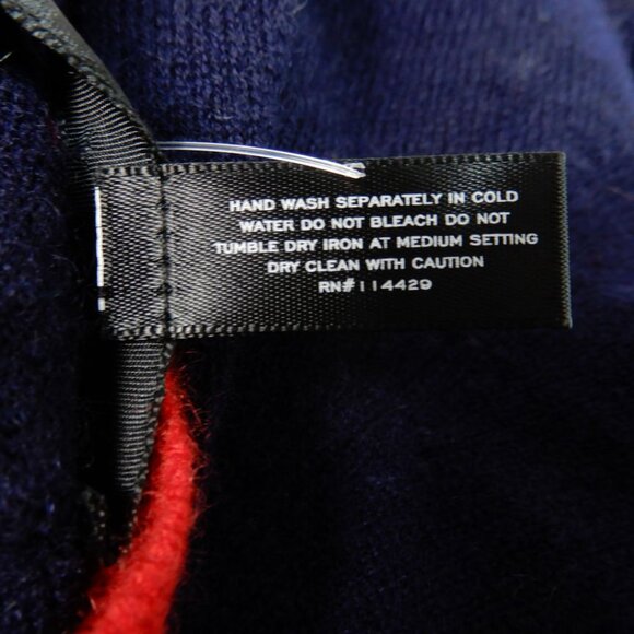 AQUA 100% Cashmere Stripe Trim Novelty Button Cardigan Sweater XXL Navy Red NEW - Picture 10 of 11